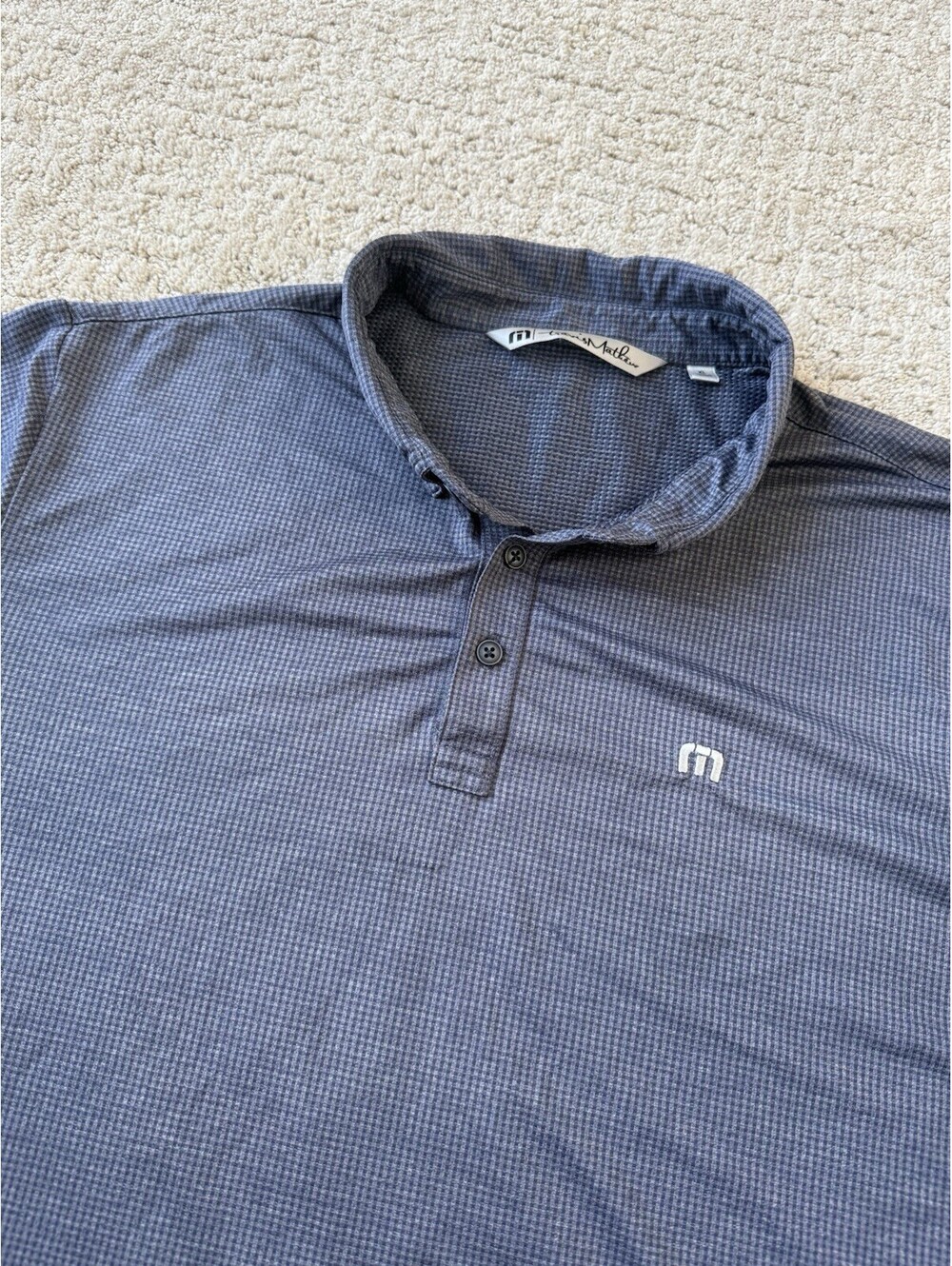 TravisMathew Men’s XL Polo Shirt Navy Blue Micro Check Golf Performance